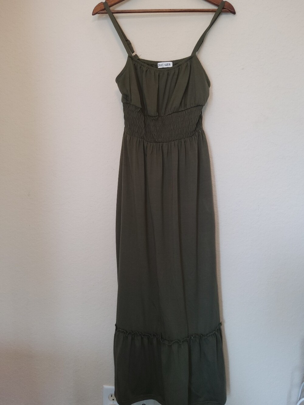 Grace Karin‎ Tiered Maxi Dress Size Small Olive Green Casual Boho Chic
